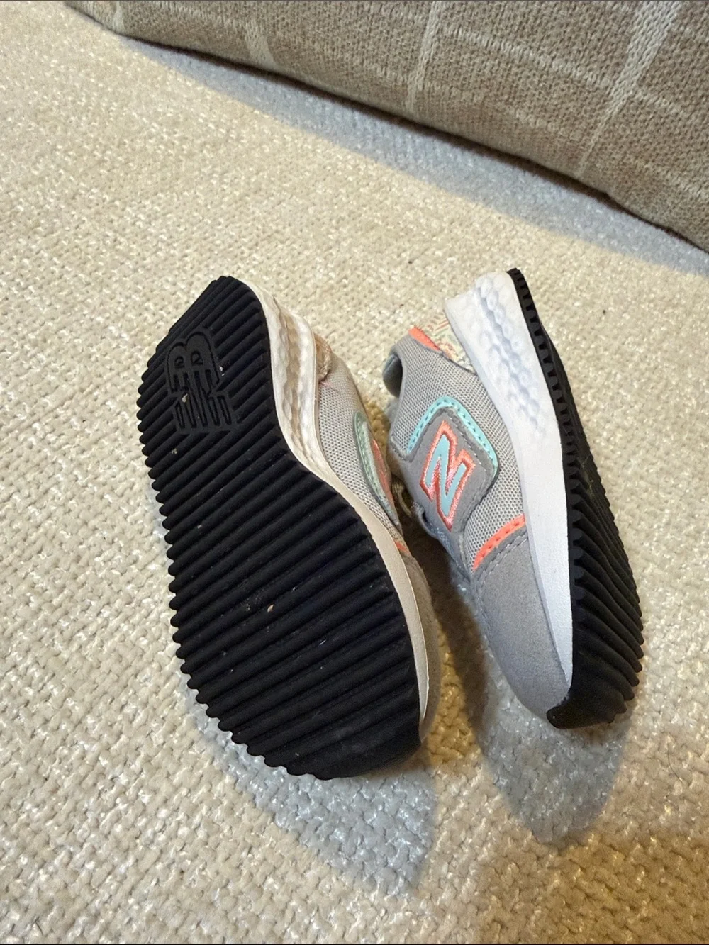 New Balance Kids Gray Sneakers with Coral and Mint Accents
